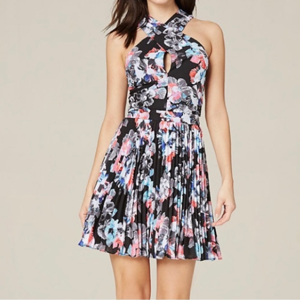 Bebe Tropical Floral Pleated Sleeveless Mini Dress